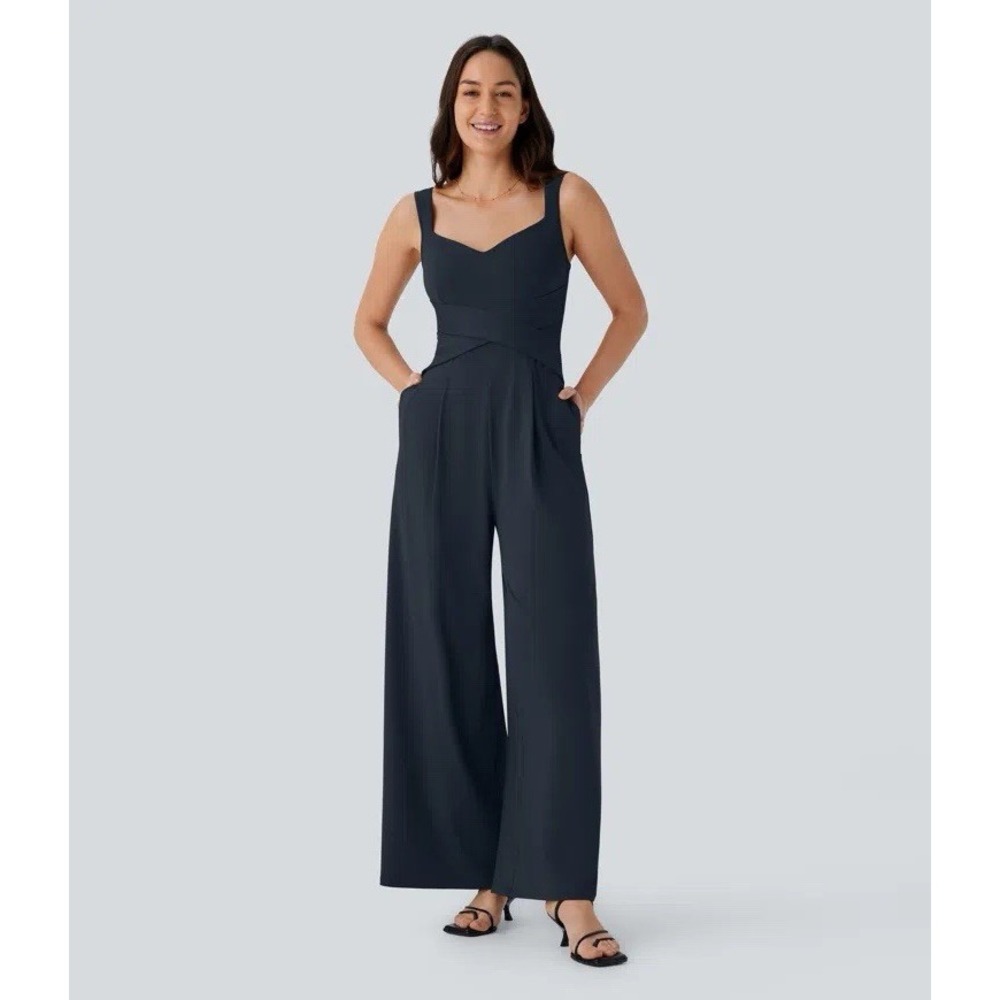 NWT Halara Wide Leg Jumpsuit Size L Sleeveless Pockets Bra Sapphire Palazzo Boho